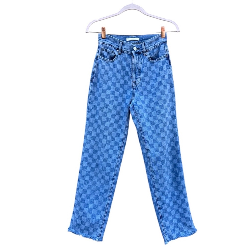 PacSun High Rise Straight Leg Raw Hem Checkered Blue Jeans 24
